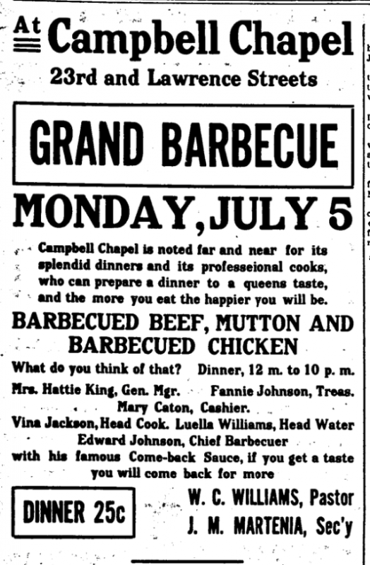 At the Grand Barbecue in Denver, Colorado, in 1909, chief barbecuer Edward Johnson was toured for his famous Come-back Sauce (The Statesman, July 3, 1909)